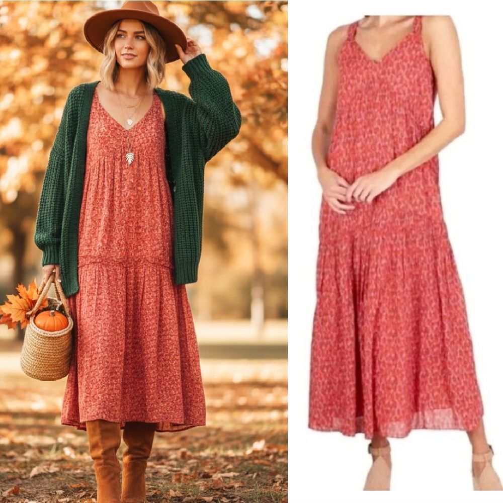 NWT JOIE Tea Rose Red Floral Sleeveless‎ Tiered Cotton Maxi Dress Large RN165589